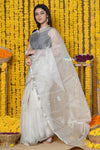 Rajsi~Handloom Pure Silk Chanderi Saree With Sleek Border~ White