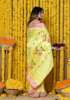 Rajsi~Handloom Pure Cotton Paithani Without Zari With Handcrafted Floral Pallu~Yellow