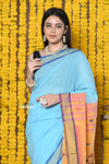 Rajsi~Handloom Pure Cotton Paithani Without Zari With Handcrafted Double Pallu ~Sky Blue