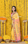 Rajsi~Handloom Pure Cotton Paithani Without Zari With Handcrafted Double Pallu~Canary Yellow