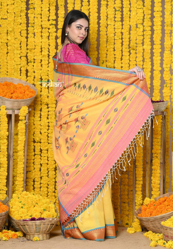 Rajsi~Handloom Pure Cotton Paithani Without Zari With Handcrafted Double Pallu~Canary Yellow