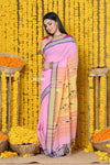 Rajsi~Handloom Pure Cotton Paithani Without Zari With Handcrafted Double Pallu~Pink