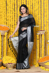 Rajsi~Designer Linen Saree With Premium Sleek Silver Border in Black