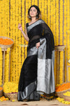 Rajsi~Designer Linen Saree With Premium Sleek Silver Border in Black