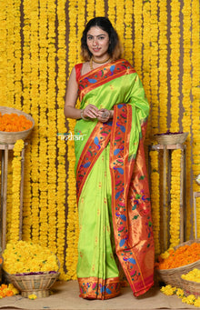  Rajsi~ EXCLUSIVE! Handloom Pure Silk Maharani Paithani With Handwoven Peacock Parrot Border - Squalane Green