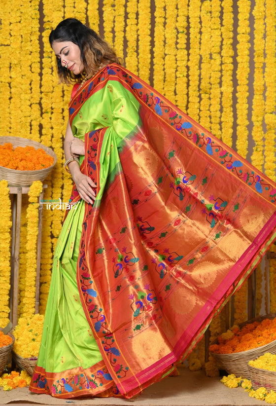 Rajsi~ EXCLUSIVE! Handloom Pure Silk Maharani Paithani With Handwoven Peacock Parrot Border - Squalane Green