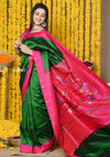 Rajsi~ Chosen! Designed by VMI- Handloom Pure Silk Muniya Border Saree With Peacock Pallu in Green with Contrast Pink