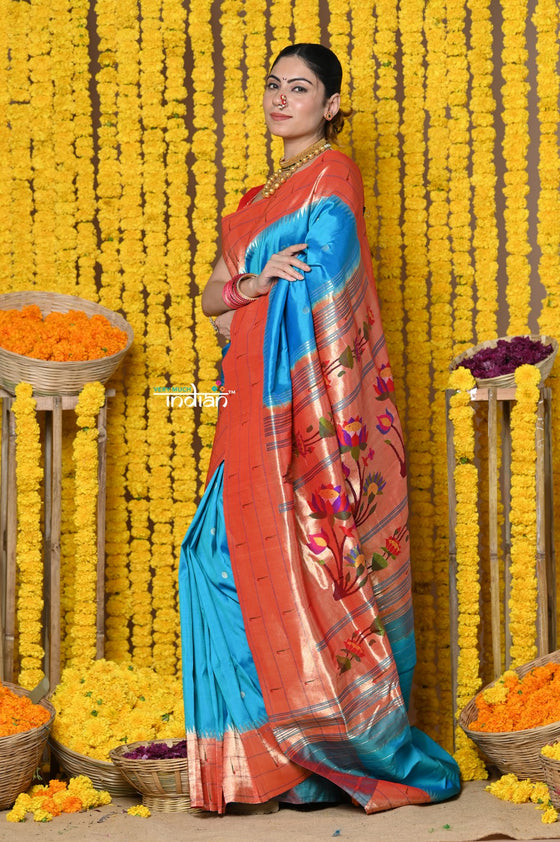 Rajsi~ Heritage - Handloom Pure Silk Triple Muniya Border Saree With Heritage Lotus Pallu in Terrain Blue