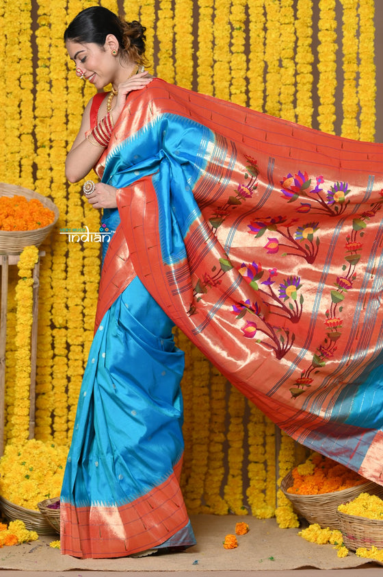 Rajsi~ Heritage - Handloom Pure Silk Triple Muniya Border Saree With Heritage Lotus Pallu in Terrain Blue
