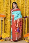 Handloom Pure Silk Muniya Border Saree WIth Handcrafted Peacock Pallu - Pretty Powder Blue