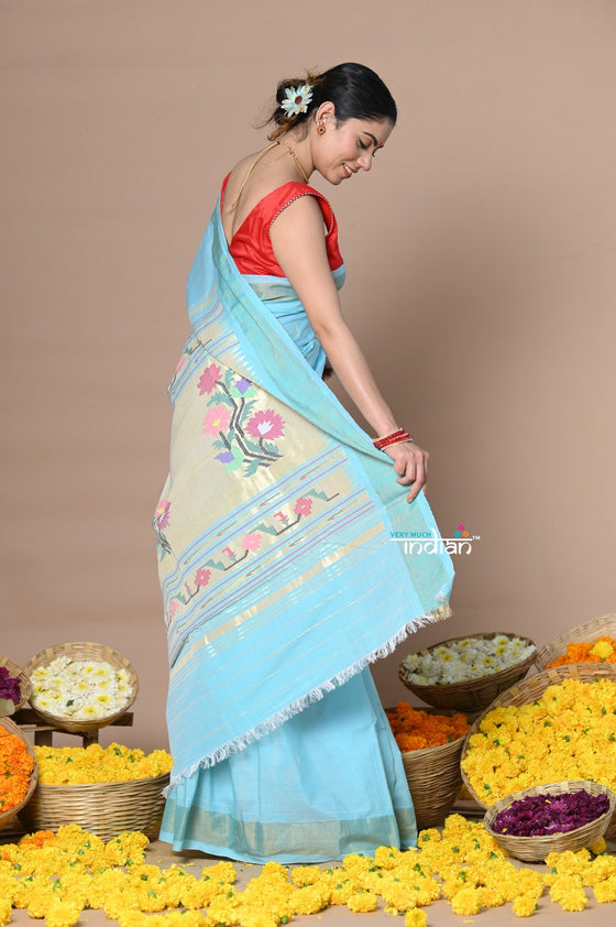 Rajsi~Handloom Pure Cotton Paithani Without Zari With Handcrafted Double Pallu~Sky Blue