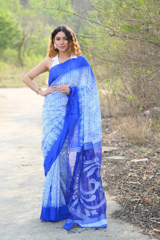 Pure Matka Silk Handloom Jamdhani  with Shibori Tie & Dye (with Silk Mark)~ Cerulean Blue