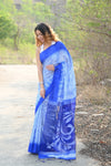 Pure Matka Silk Handloom Jamdhani  with Shibori Tie & Dye (with Silk Mark)~ Cerulean Blue