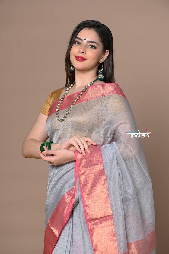 Rajsi~Handloom Ari Checks Cotton Silk Saree with Golden Border in Grey