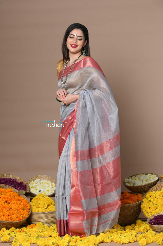 Rajsi~Handloom Ari Checks Cotton Silk Saree with Golden Border in Grey