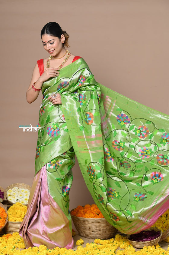 Parrot Green Paithani Saree | avaelma.com