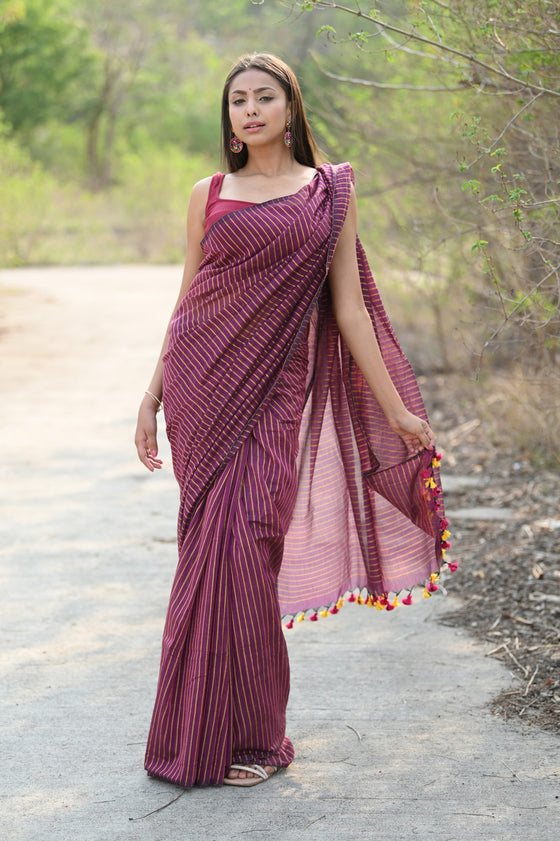 Designer Pure Cotton Sarees with All over Linear Stripes~ Maroon