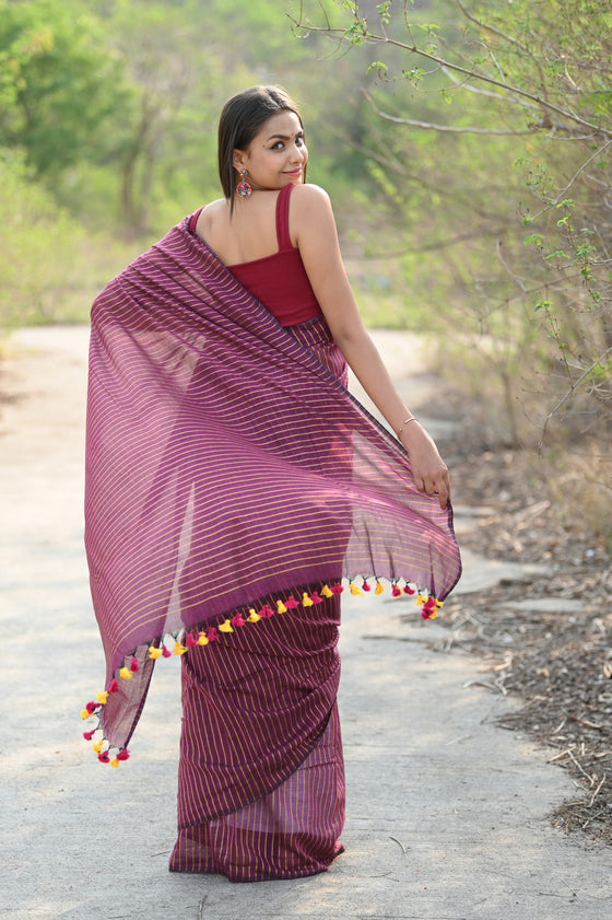 Designer Pure Cotton Sarees with All over Linear Stripes~ Maroon