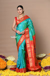 Rajsi~ Handloom Pure Silk Maharani Paithani With Contrast Pallu~ Dual Tone Bluish Sea Green And Red