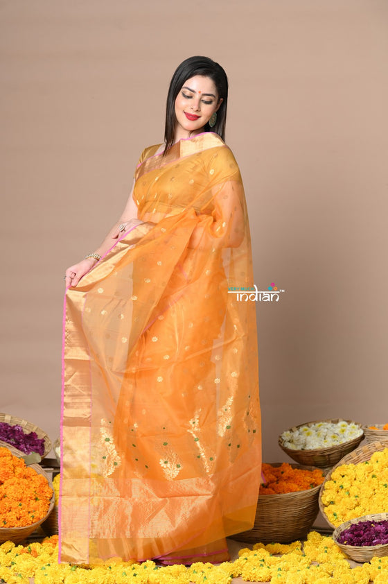 Rajsi~Handloom Pure Silk Traditional Chanderi Saree Buttis and Sleek Border~ Orange