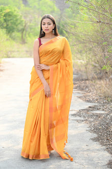  Designer Pure Cotton Silk Saree with Classic Pallu ~ Bright orange