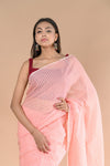 Designer Pure Cotton Sarees with All over Linear Stripes ~ Peach