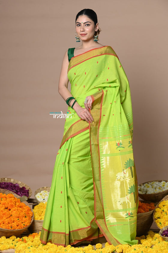 Rajsi~Handloom Pure Cotton Paithani With Pichwai Pallu~ Lime Green