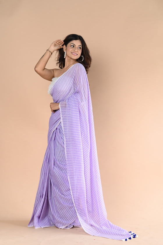 Designer Pure Cotton Sarees with All over Linear Stripes ~lavender