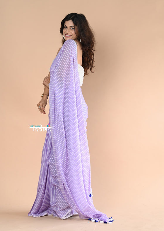 Designer Pure Cotton Sarees with All over Linear Stripes ~lavender
