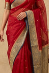 Ganga Ghat ~ Banarasi Pure Organza Silk Saree with Contrast Blue Border In Crimson Red