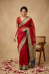 Ganga Ghat ~ Banarasi Pure Organza Silk Saree with Contrast Blue Border In Crimson Red