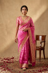 Ganga Ghat ~ Banarasi Handloom Pure Organza silk Saree In Pink