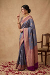 Ganga Ghat ~ Banarasi Pure Katan Silk Saree with Contrast Purple Border In Greyish Blue