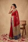 Ganga Ghat ~ Banarasi Pure Organza Silk Saree with Contrast Blue Border In Crimson Red