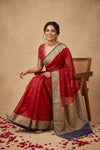 Ganga Ghat ~ Banarasi Pure Organza Silk Saree with Contrast Blue Border In Crimson Red