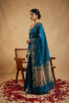 Ganga Ghat ~ Banarasi Handwoven Pure Soft Katan Silk Saree In Teal Blue