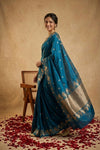 Ganga Ghat ~ Banarasi Handwoven Pure Soft Katan Silk Saree In Teal Blue