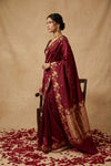 Ganga Ghat ~ Banarasi Handwoven Pure Soft Katan Silk Saree In Maroon