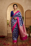 Ganga Ghat ~ Handwoven Pure Banarasi Katan Silk Saree In Blue and Pink