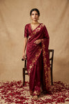 Ganga Ghat ~ Banarasi Handwoven Pure Soft Katan Silk Saree In Maroon