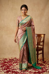 Ganga Ghat ~ Banarasi Pure Katan Silk Saree with Contrast Sea Green Border In Mauve