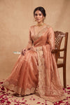 Ganga Ghat  ~ Banarasi Organza Saree with Handcrafted Beadwork In Peach