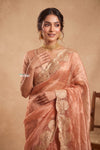 Ganga Ghat  ~ Banarasi Organza Saree with Handcrafted Beadwork In Peach