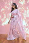 Sehaj ~ Exclusive Hand-Stitched Appliqué Weave Cotton Saree Floral Appliqué Pallu Blush Pink