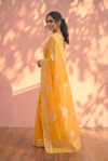 Sehaj ~ Exclusive Hand-Stitched Appliqué Weave Cotton Saree Floral Appliqué Pallu Orange