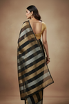 Dupion Tissue Silk Saree with Midnight Luxe Striped in Black with Antique Gold & Silver Accents