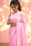 Sehaj ~ Exclusive Hand-Stitched Appliqué Weave Cotton Saree Floral Appliqué Pallu In CandyPink