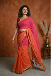 Pure Mul Cotton Handloom Saree with Half and Half in Pink & Orange with Zari Border