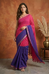 Pure Mul Cotton Handloom Saree with Half and Half in Fuchsia Pink & Royal Purple with Zari Border