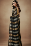 Dupion Tissue Silk Saree with Midnight Luxe Striped in Black with Antique Gold & Silver Accents